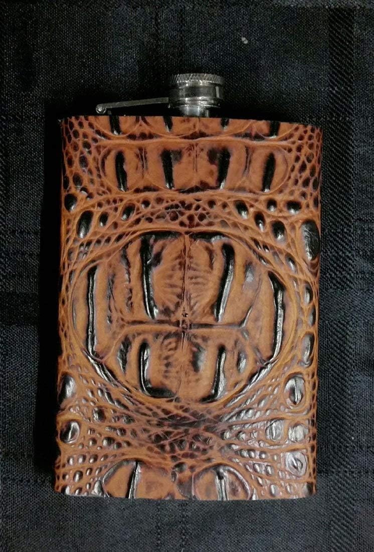 Leather Covered Flask - 18/8 Food Grade Stainless Steel - Hip Pocket 8 OZ - Butternut Crocodile