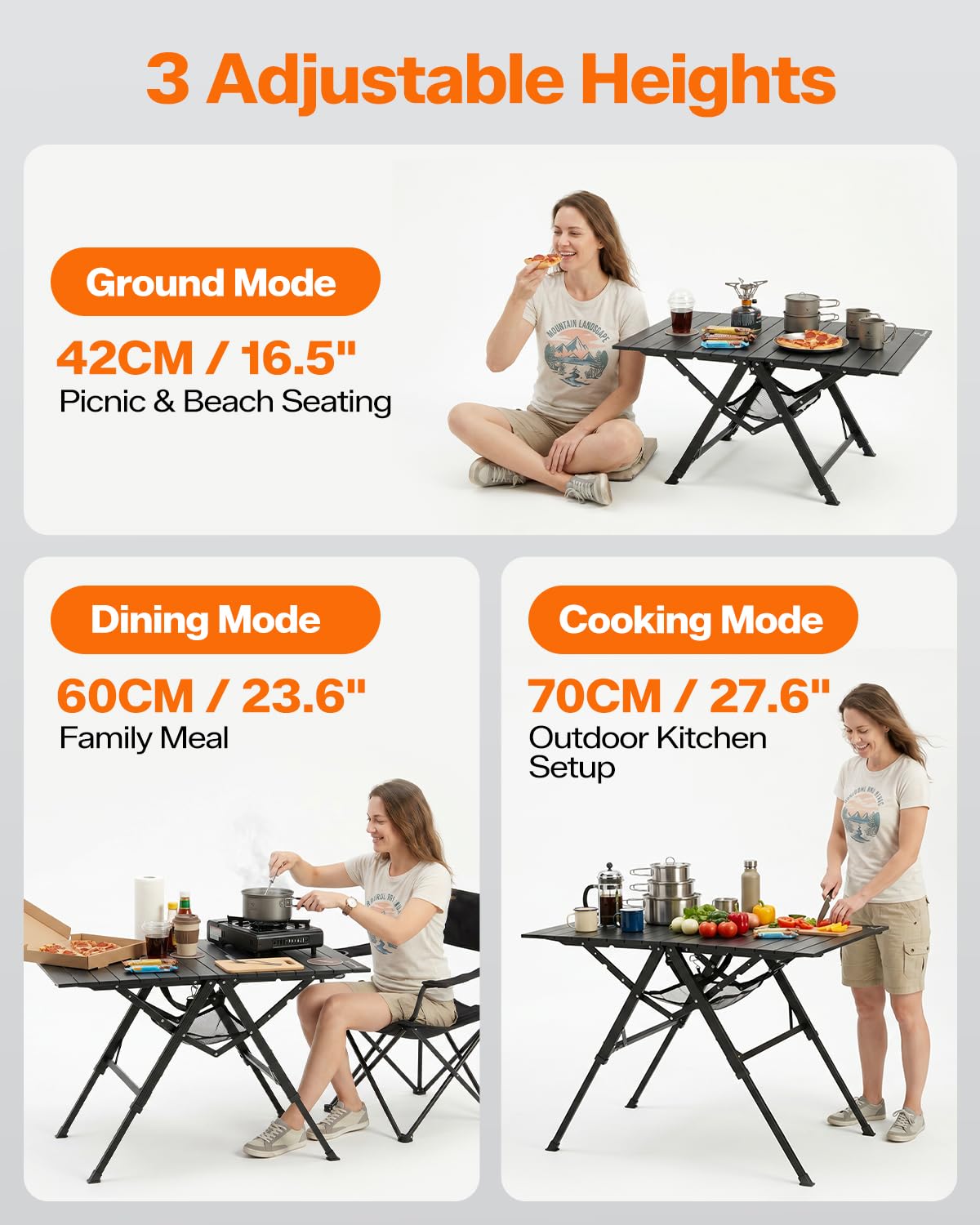 Sportneer Campingtisch Klappbar 90 x 60 cm – Großer Aluminium Klapptisch mit 3 Höhen (42/60/70 cm), Tragbarer Picknicktisch, Leichter Outdoor-Tisch für Camping, Garten, Balkon, Strand & Reisen