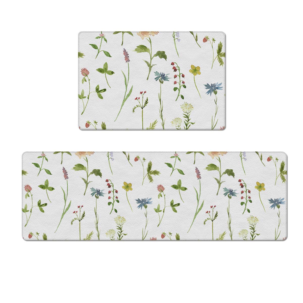 Prime Leader 2 Piece Non-Slip Kitchen Mat Rug Rubber Backing Doormat Set Wildflower Bellflower Flower Collection Kitchen Rugs Comfort Standing Mat PVC Leather Anti Fatigue Floor Mat 18"x30"+18"x59"