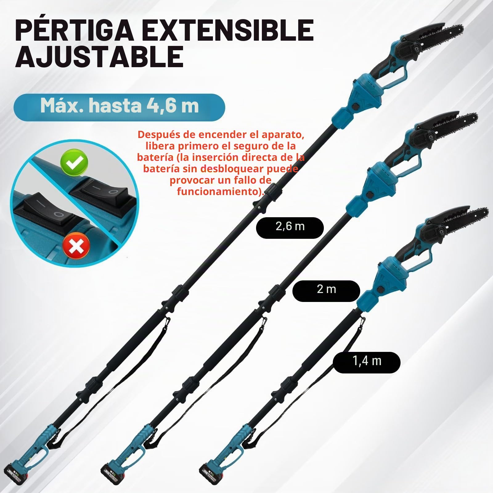 Sierra de podar con batería, sierra de podar profesional, compatible con Makita 18 V con batería de 2 x 2,0 Ah, sierra de podar de 6 pulgadas 2 en 1 con mango telescópico y podadora eléctrica