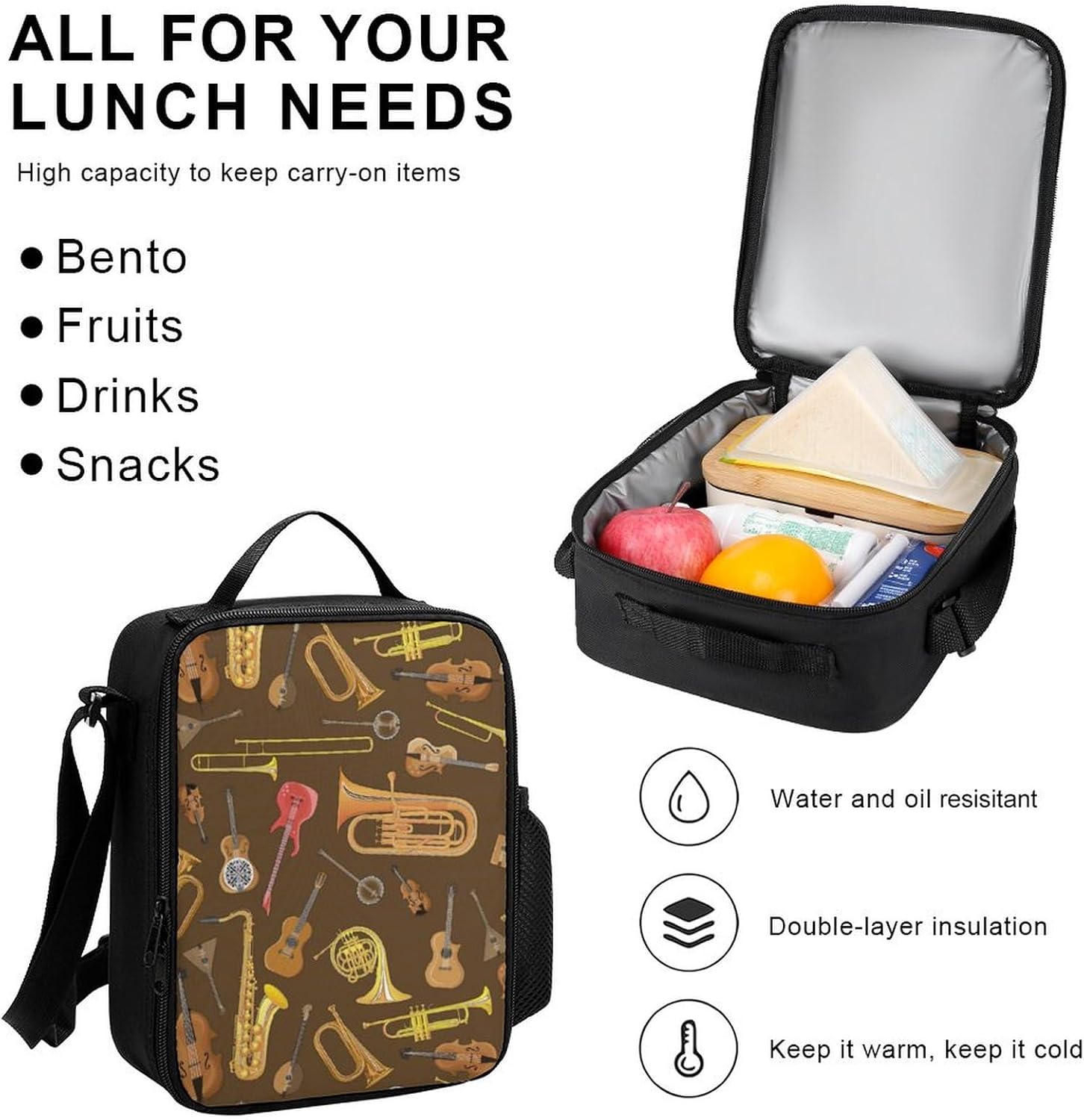 Trumpet Musical Instrument Pattern 3 Piece Backpack Sets With Lunch Bag Pencil Case Combination Hiking Travel Work