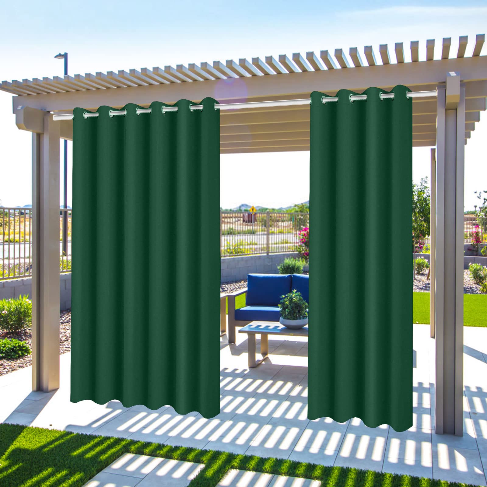 Gazebo Patio Outdoor Curtains Waterproof - Garden Blackout Thermal Insulated Sun Shades Eyelet Privacy Curtain for Pergola Porch Pool, Indoor Window Blinds for Living Room Bedroom Balcony (Dark Green)