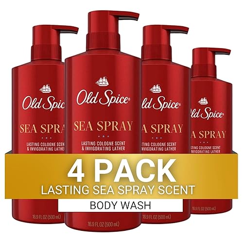 Old Spice Gel de baño para hombres, sin aluminio, aroma de colonia en espray de mar, 16.9 onzas líquidas, paquete de 4