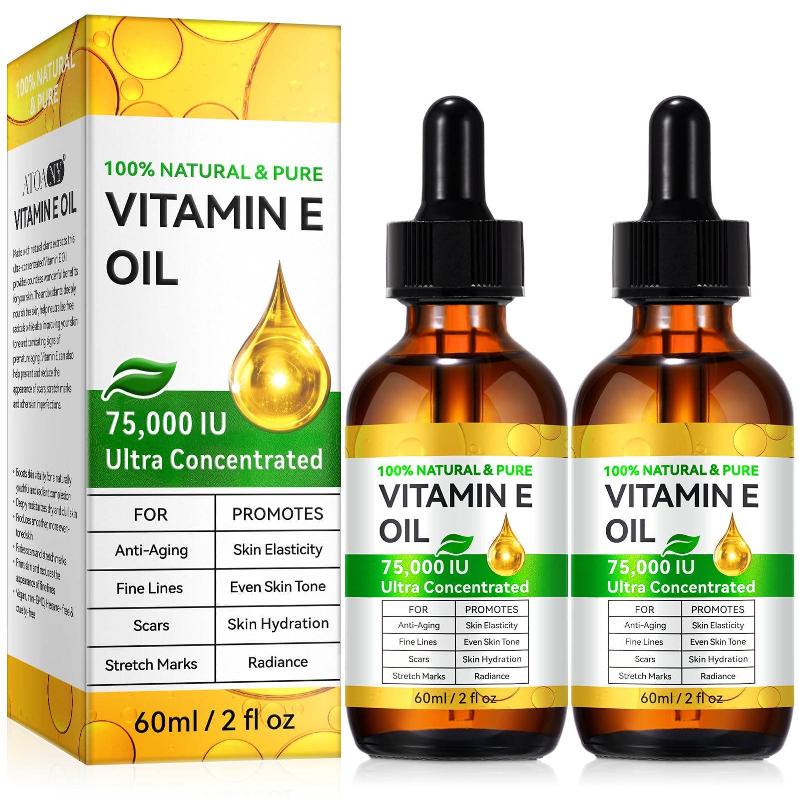 Cacukn Vitamin E Oil for Skin, Scars and Face, Pure Vitamin E Oil 75,000 IU, Reduce Scars, Fine Lines, Moisturize and Radiant Skin for Whole Body, 2