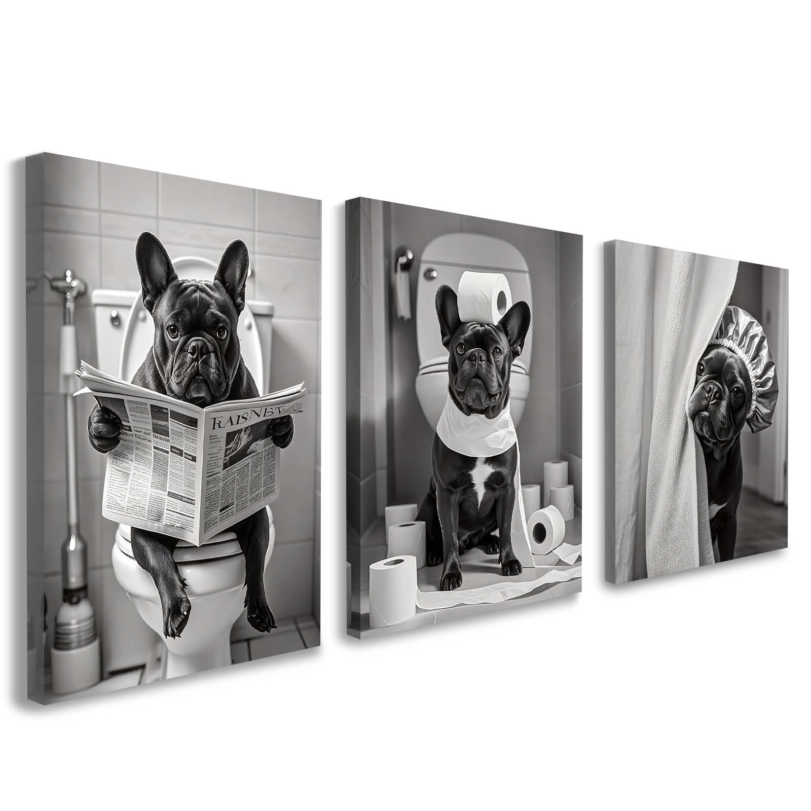 Set of 3 Bathroom Wall Art, Funny French Bulldog Canvas Wall Decor, Black and White Dog Artwork, Humorous Animal Bathroom Pictures for Toilet or Powder Room with Hooks and Magic Tape, 16 x 20 inch โ image 1