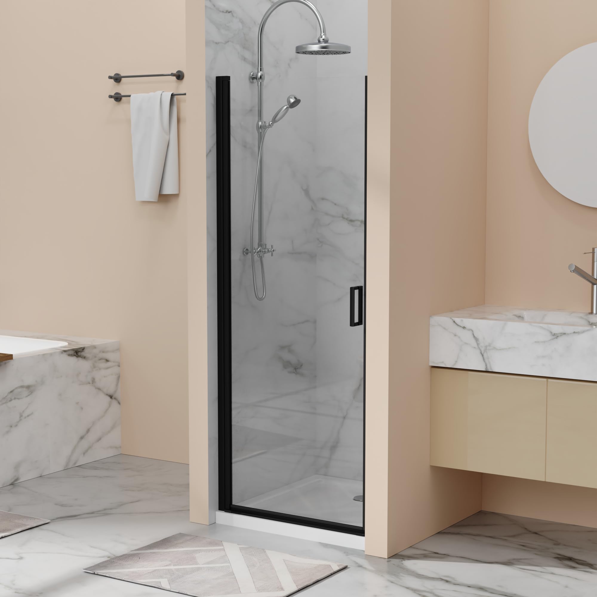 30” x 72” Pivot Swing Shower Door, 1/4 inch Tempered Glass Panel Hinged Shower Door in Matte Black Finish, Semi-Frameless Design