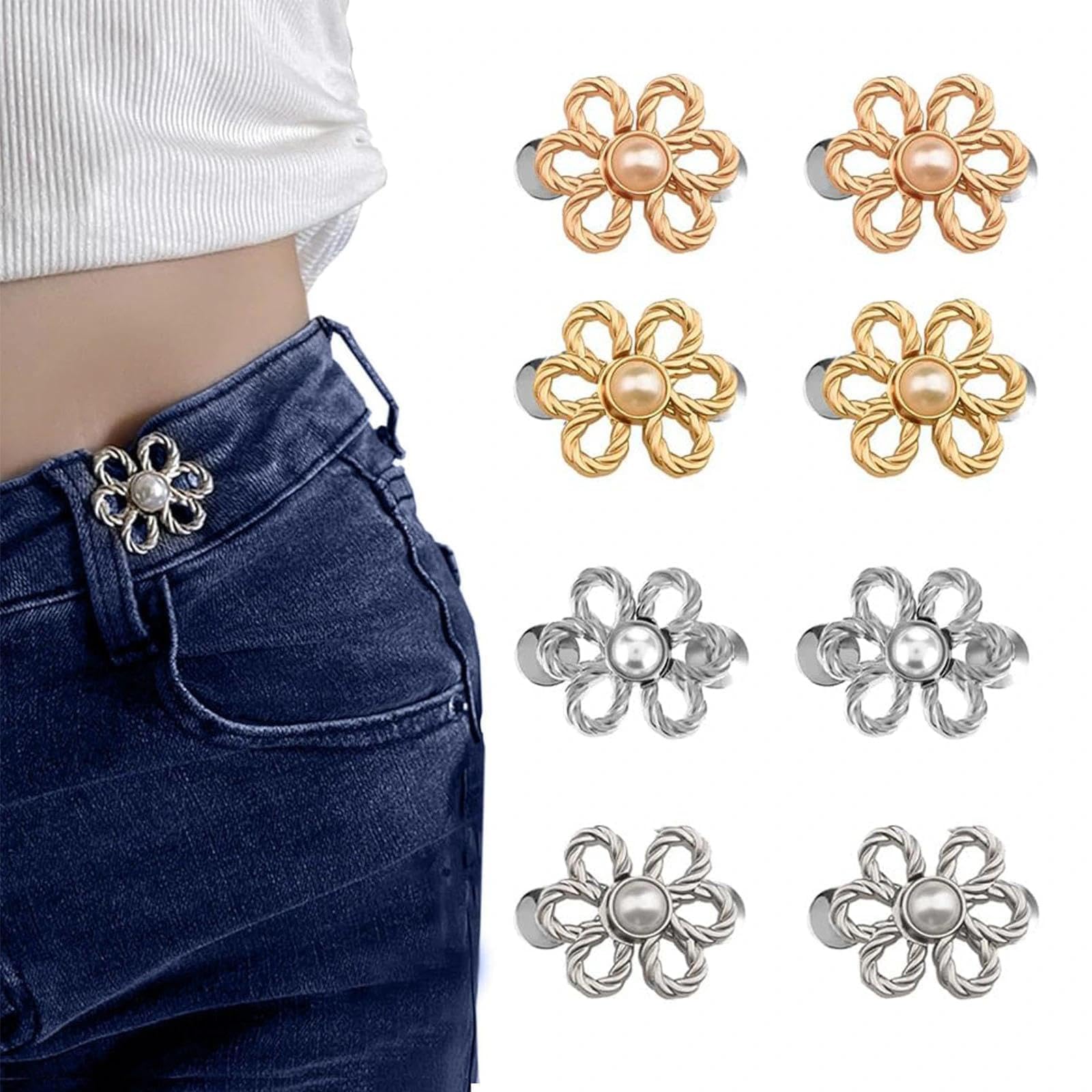 JOOTUEPO 8 Pcs Flower Jeans Button Pant Waist Tightener, Jean Tightener Clips for Trousers, No Sew Tightening Clips for Pants, for Loose Jeans/Pants/Skirts/Sleeves