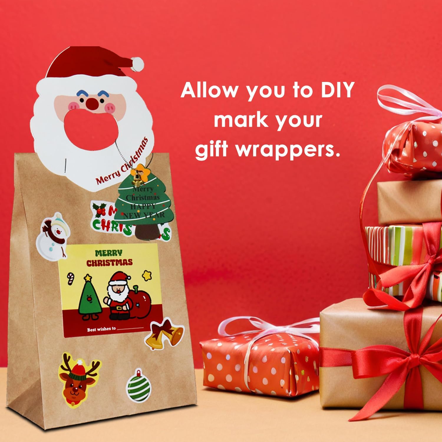 Diteje 20 Pack Card Head,Santa & Wreath Christmas Kits with Bags Tags Bells | Foldable Hanging Handle,With Kraft Paper Bags, Name Labels and Bells,for DIY Xmas Gift Wrapping,Holiday Present,Party Decor