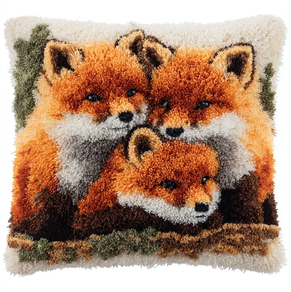 AxiangziK DIY Latch Hook Pillow Kit 43x43cm,A Family of Foxes
