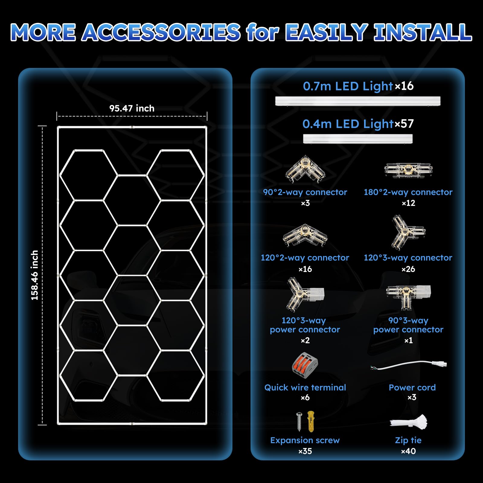ALLYES LED Hexagon Werkstattbeleuchtung, 538W 64560LM 6500K Deckenleuchte, 14 Waben Garagenlampe mit Rechteck-Rahmen, Deckenlampe Kaltweiß für Garage, Werkstatt, Auto Detailing, Fitnessstudio