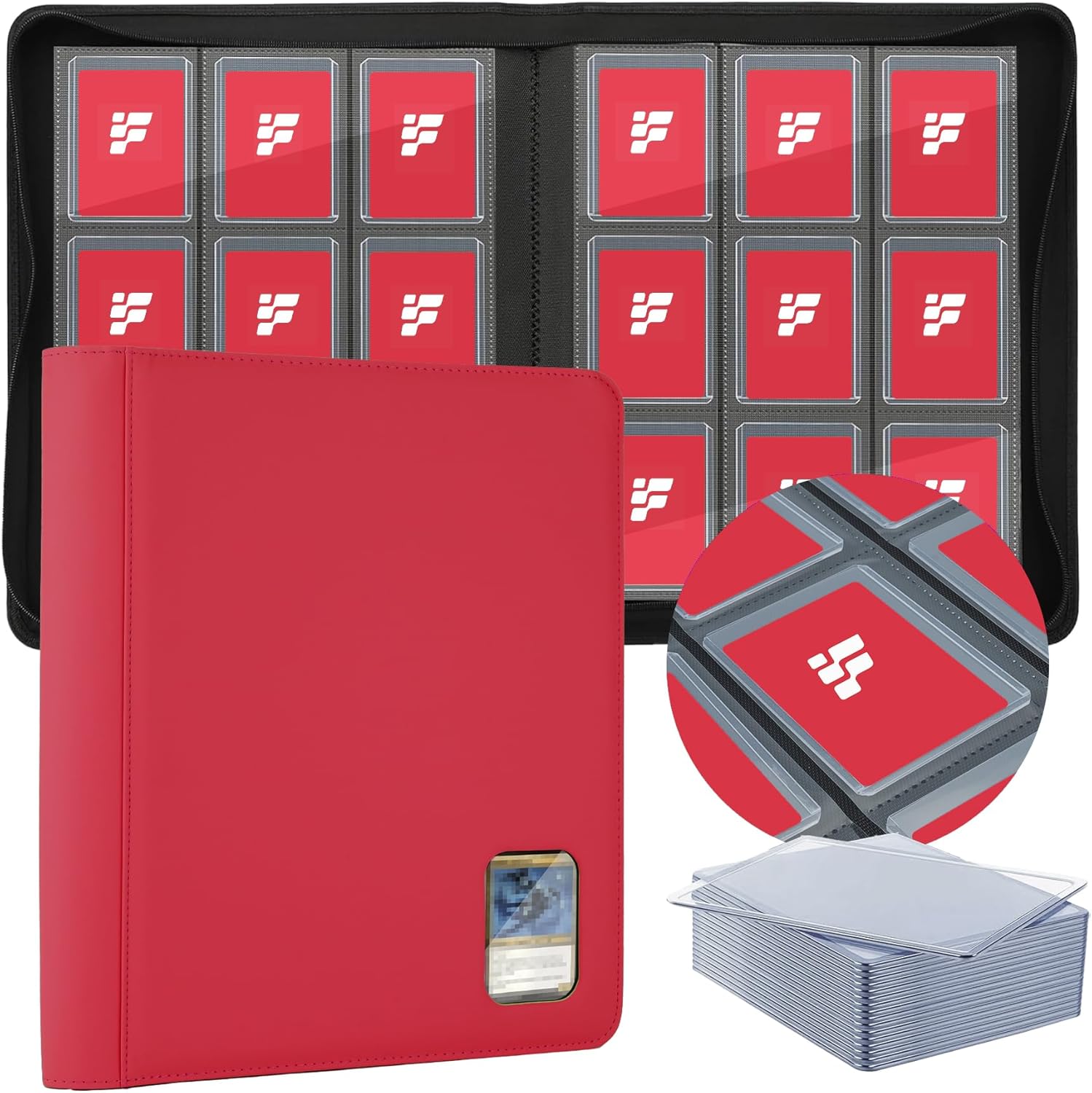 Top Loader Binder for Cards (Clear Window), Holds 288 Cards in 3"x4" Toploaders, Trading Card Binder 9 Pocket for TCG, MTG, YGO, Game Cards, Sports Cards(Red)