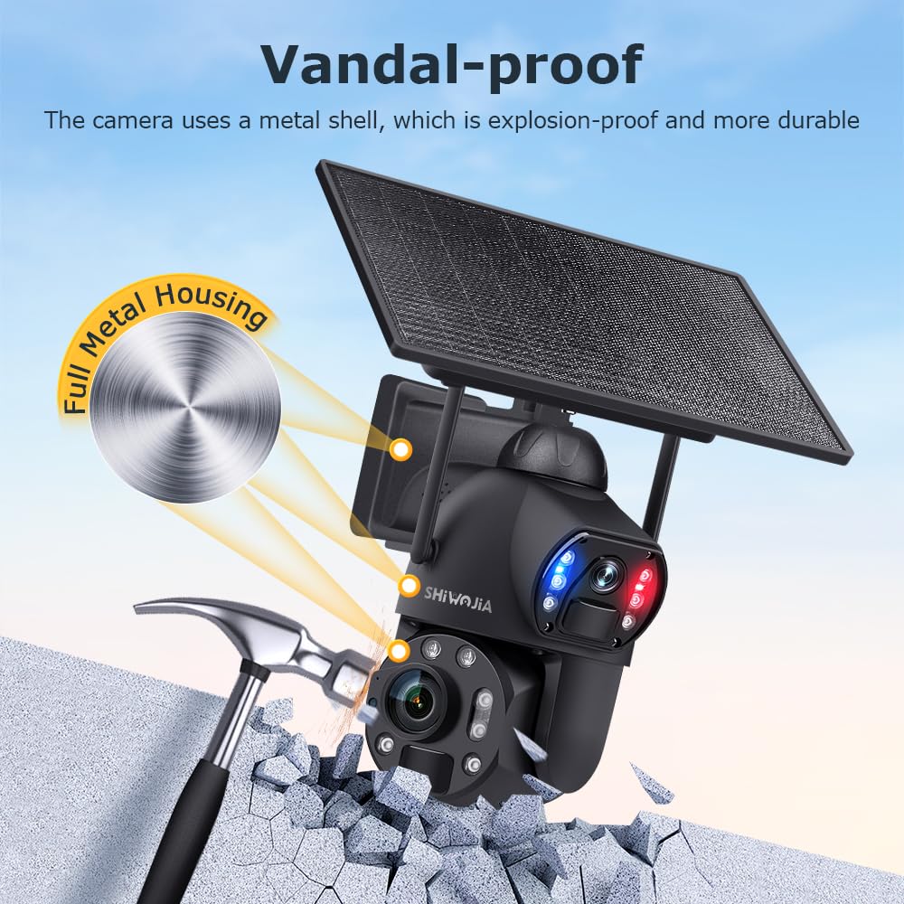 SHIWOJIA Telecamera di Sorveglianza con Scheda SIM e Pannello Solare, Fotocamera 6MP con Zoom Ottico 36X, Rilevamento Umano Dual PIR/Metallo, Visione Notturna a Colori/Doppio Obiettivo/IP67