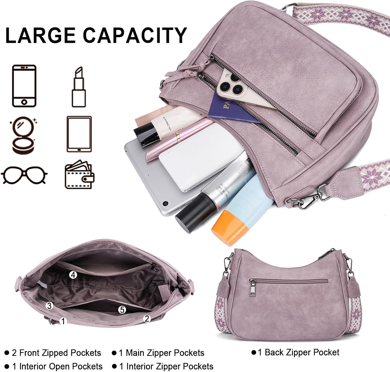 Crossbody Purses for Women Trendy Leather Crossbody Bag,Multi Pocket Shoulder Handbag Lightweight Travel Purse - Image 4