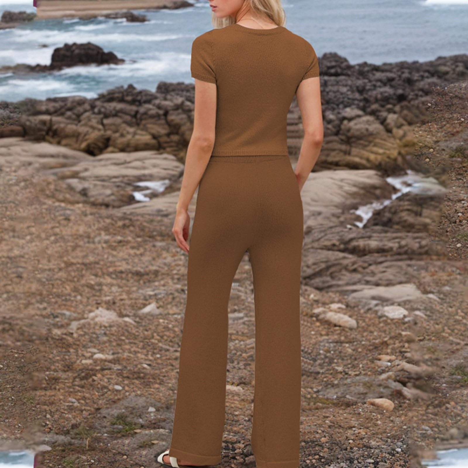 Tops Y Pantalones Mujer Primavera Cintura Alta Manga Corta Escolar Moderno Color Sólido Cuello Redondo Comodidad
