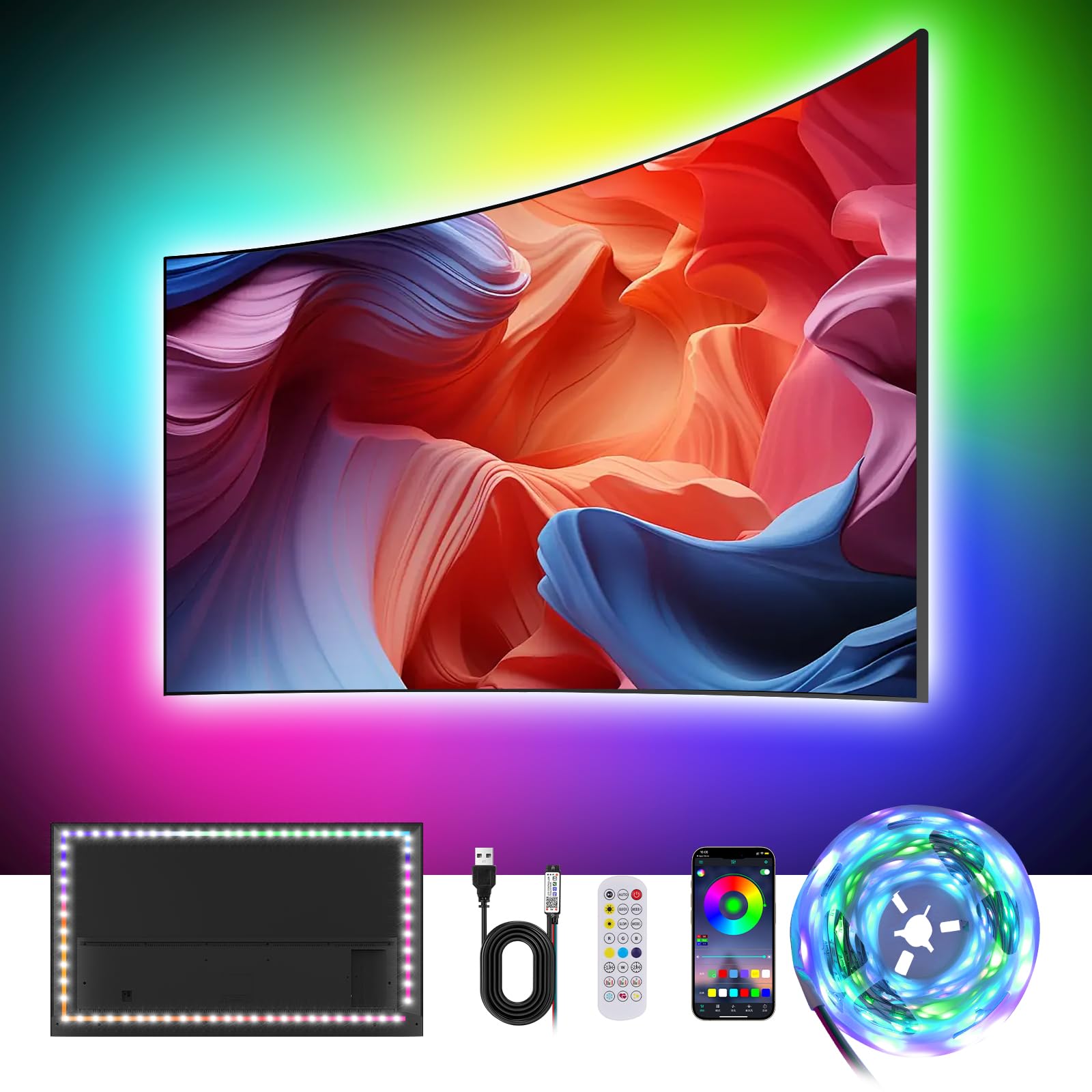 Liwqolx LED TV Backlights 1M, TV LED Lights for 32-50 inch TV, PC Backlights, RGBIC Backlight with Music Sync, Remote Bluetooth APP Control Strip Lights USB Powered for Room Xmas Decor