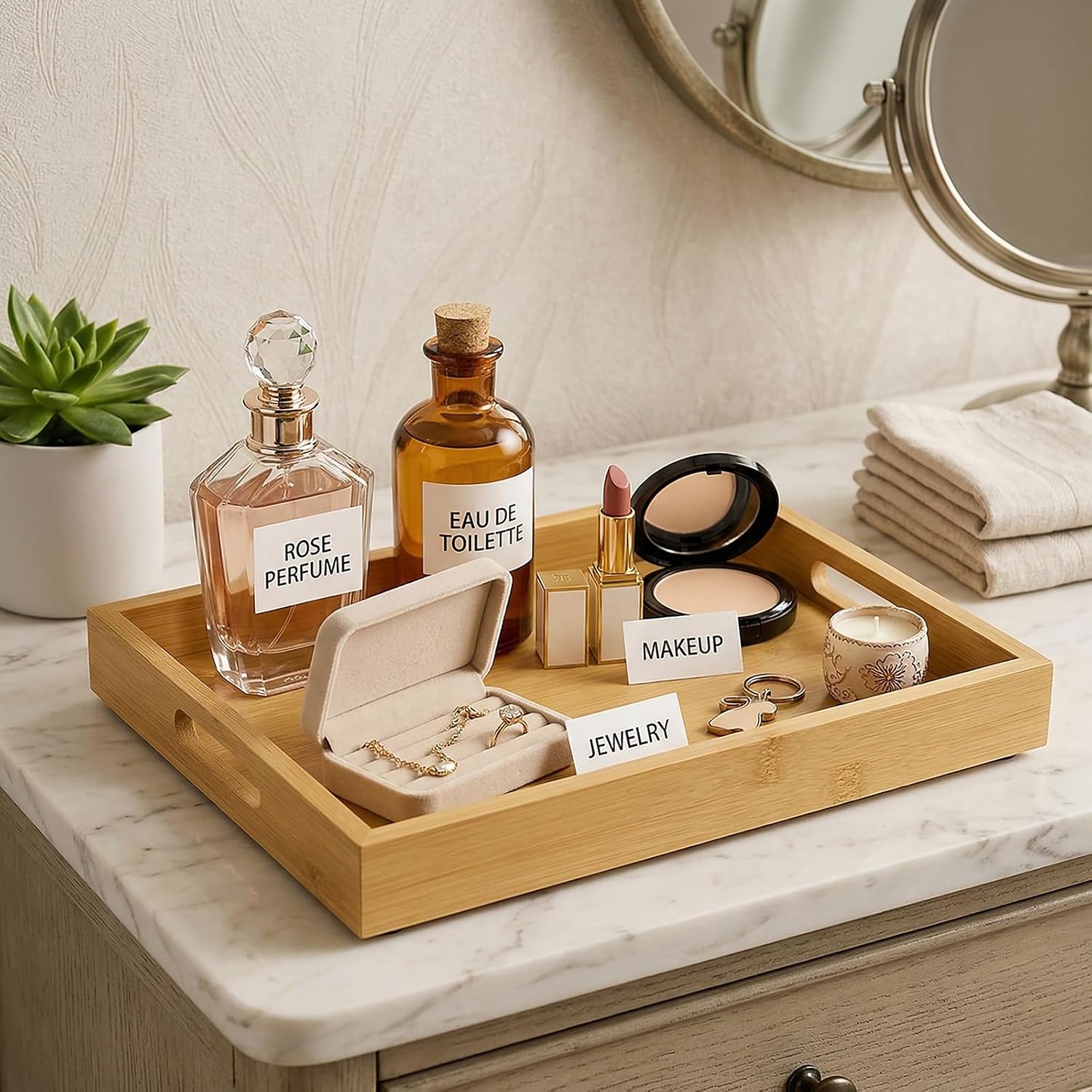 Perfume Plate Tray with Handle - Natural Bamboo Wood Display Tray for Dresser, Coffee Table, or Bathroom, 11.4x7.9 Inches, Jewelry and Perfume Organizer (2, Natural) image 4