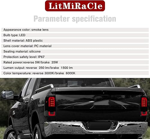 Miniatura 8 de LitMiRaCle Luz trasera LED de lente ahumada compatible con Dodge RAM 1500 2009-2018, luz de freno LED trasera compatible con Dodge RAM 2500 3500