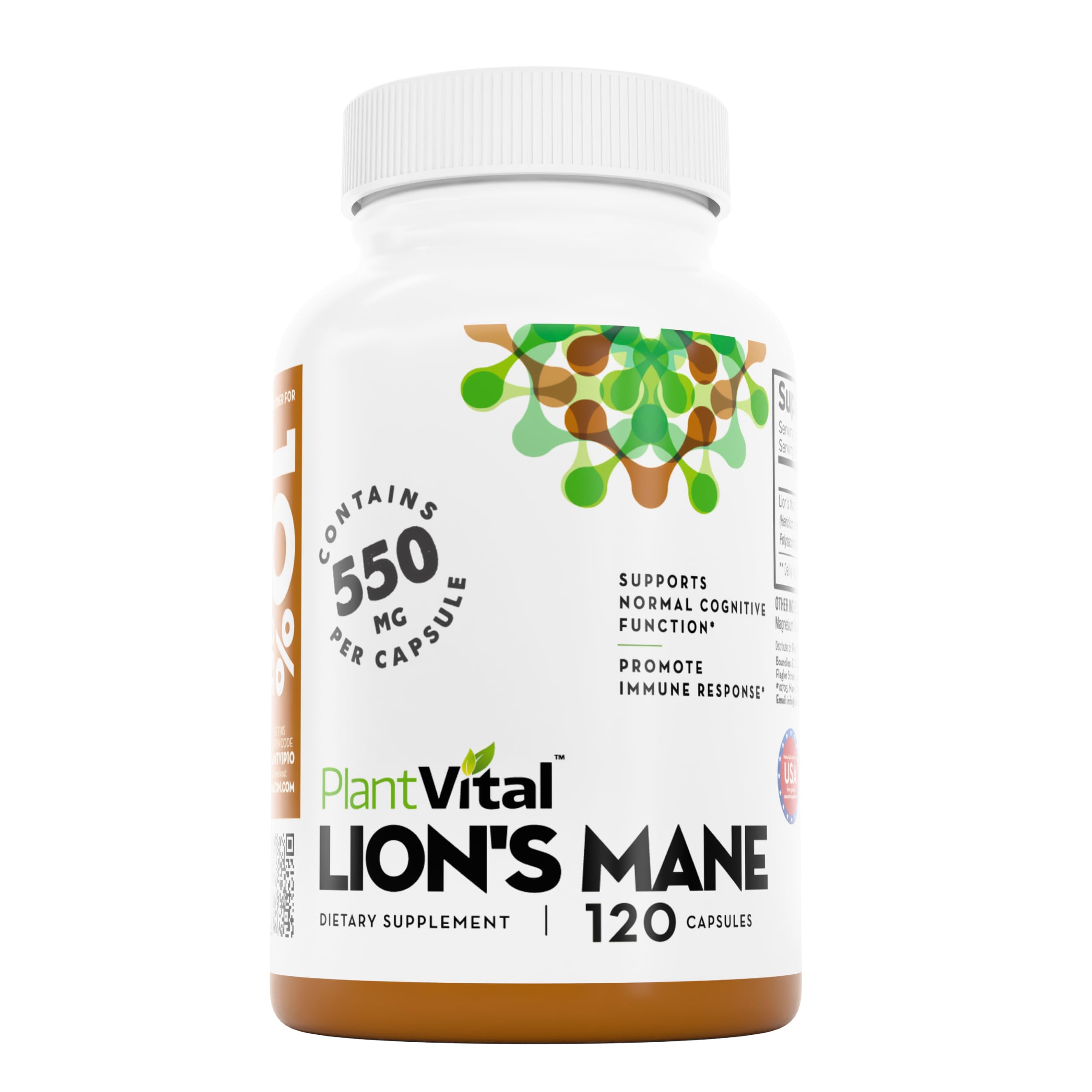 Plantvital Suplemento de Juba-de-Leão Orgânico, Extrato 10:1, 1.000 mg por porção, 120 cápsulas