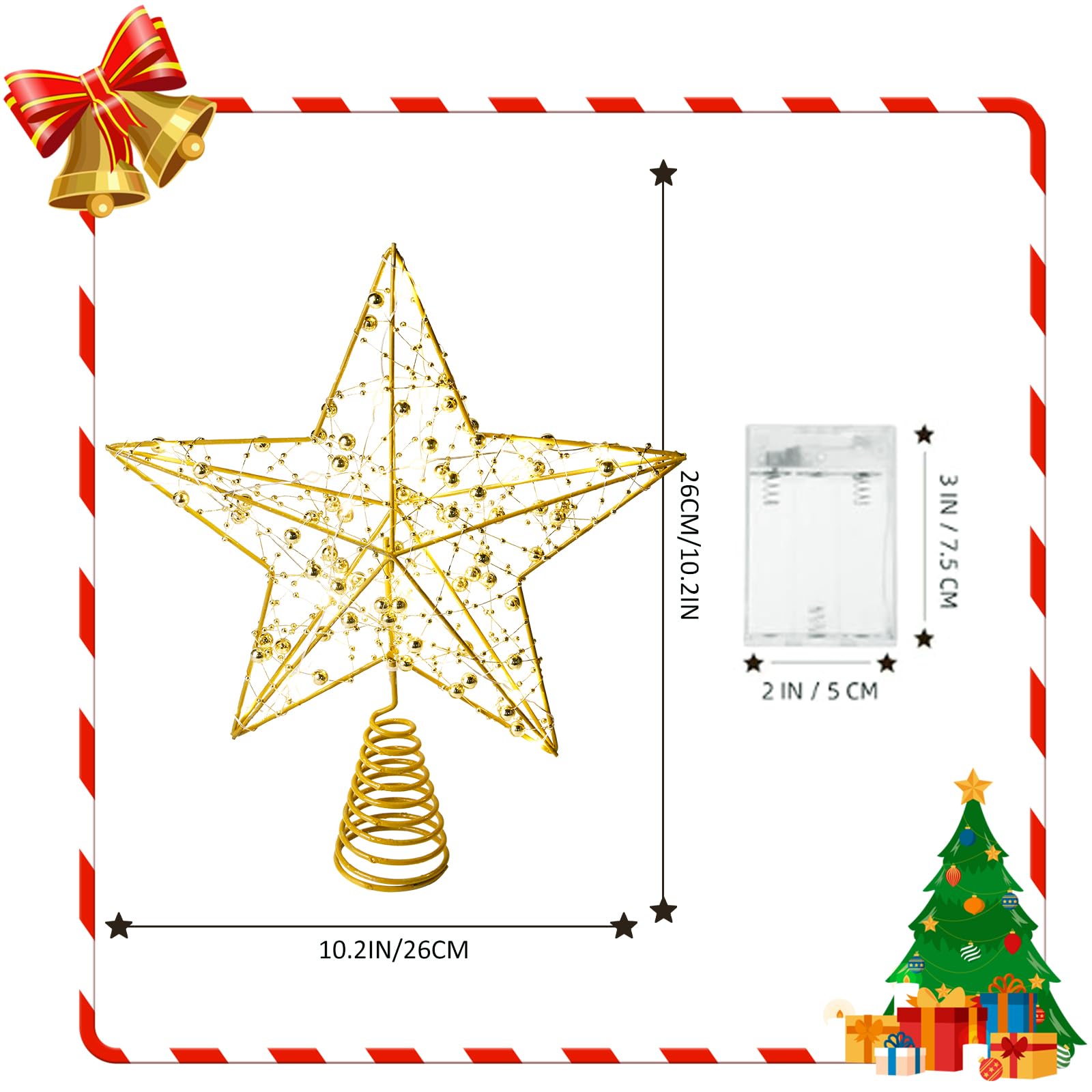 Cimier de sapin de Noël doré pailleté avec 20 lumières LED pour décorations de Noël, décorations de vacances, décoration d'intérieur - 25,4 cm