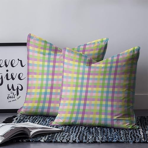 Miniatura 2 de QueenKer Pillow Covers 18x18 Inch Set of 2 Easter Spring Colorful Buffalo Plaid Square Throw Pillow Decorative Case SofaBed Cushion Covers Zipper