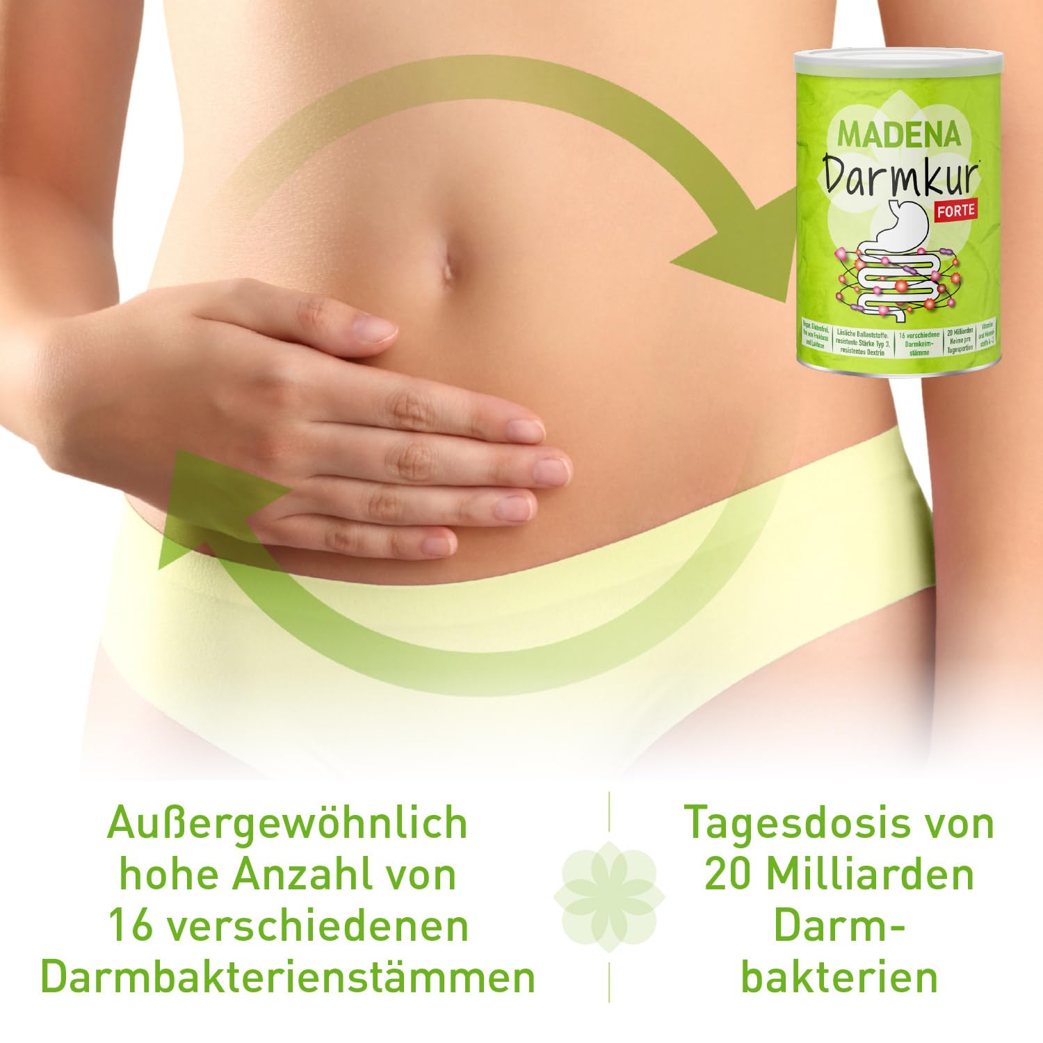MADENA Darmkur Forte, 20 Milliarden Darmbakterien pro Portion, Ballaststoffe Resistente Stärke Typ 3, Maisdextrin, 16 Bakterienstämme, hochdosiert, Multivitamin, vegan