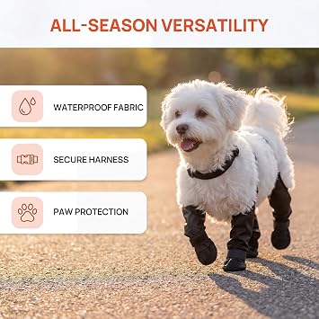 Waterproof, Anti-Slip Dog Boots for Small/Medium Dogs. Protects Paws on hot Pavement, Snow, and Outdoor Walks. Secure Harness Design. Ideal for All Seasons (S)