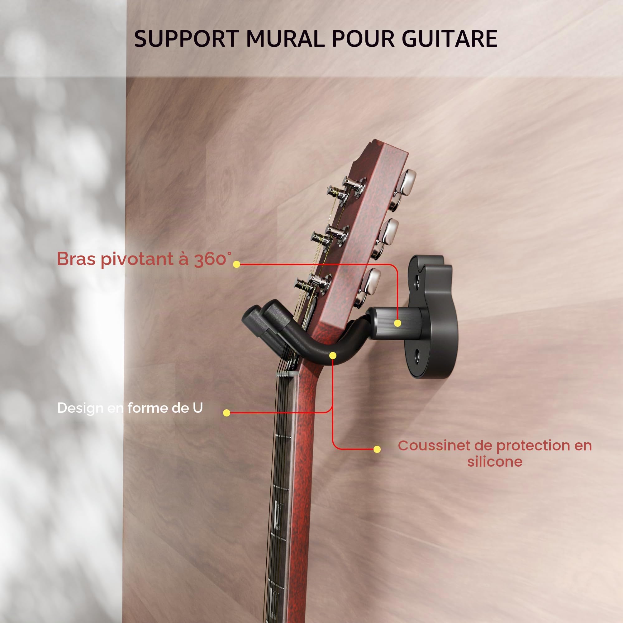 DIDA Support mural pour guitare – Support mural en forme de U pour guitare avec 5 médiators, support mural pour guitare acoustique, guitare électrique, banjo, basse, mandoline (style B-noir)