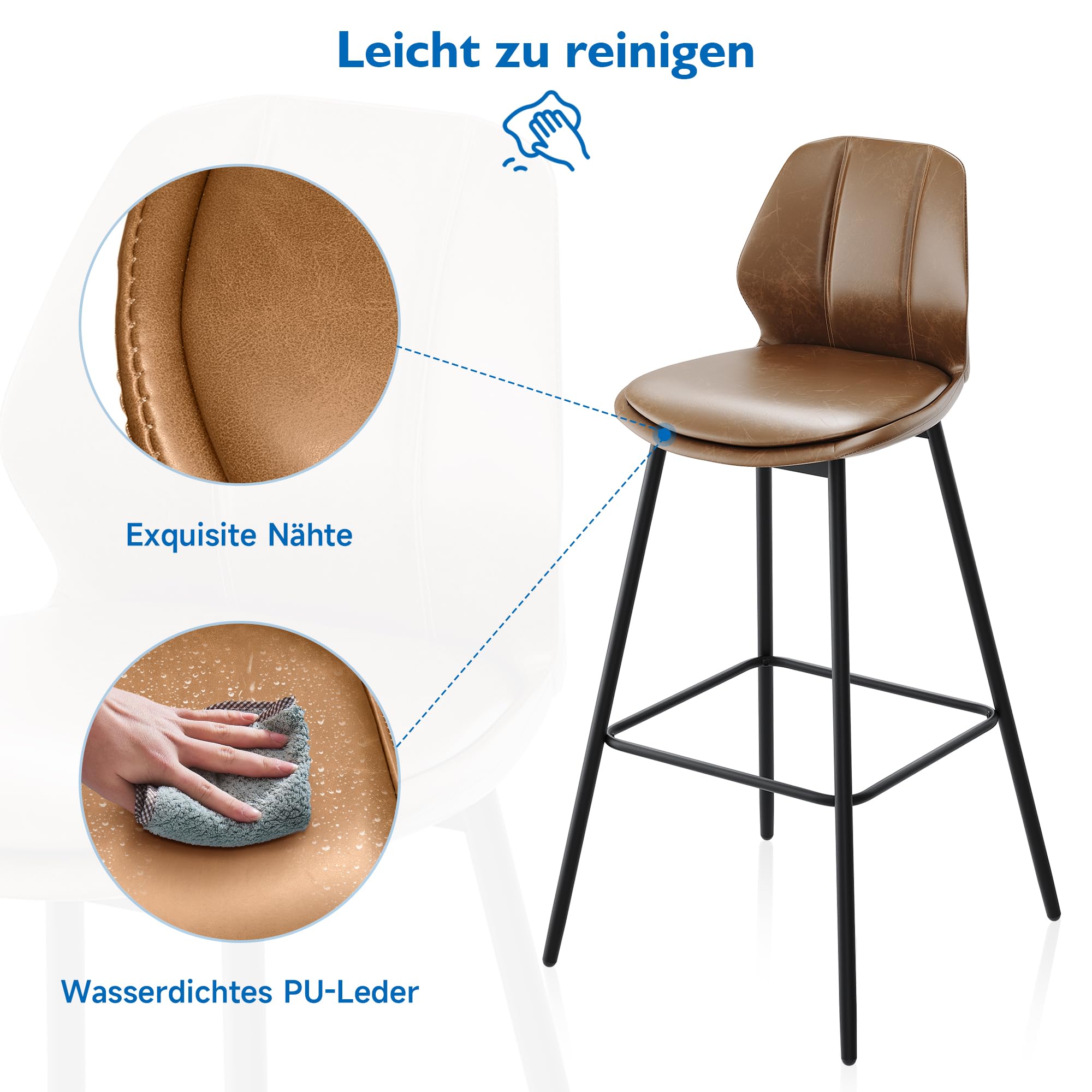 SONNI Barhocker 2er Set, Barstühle, Küchenstühle mit Rückenlehne und Fußstütze, robuster Metallrahmen, gemütliche PU weiche Sitzfläche, für Bar, Küche, Esszimmer, Sitzhöhe 102 cm, Braun
