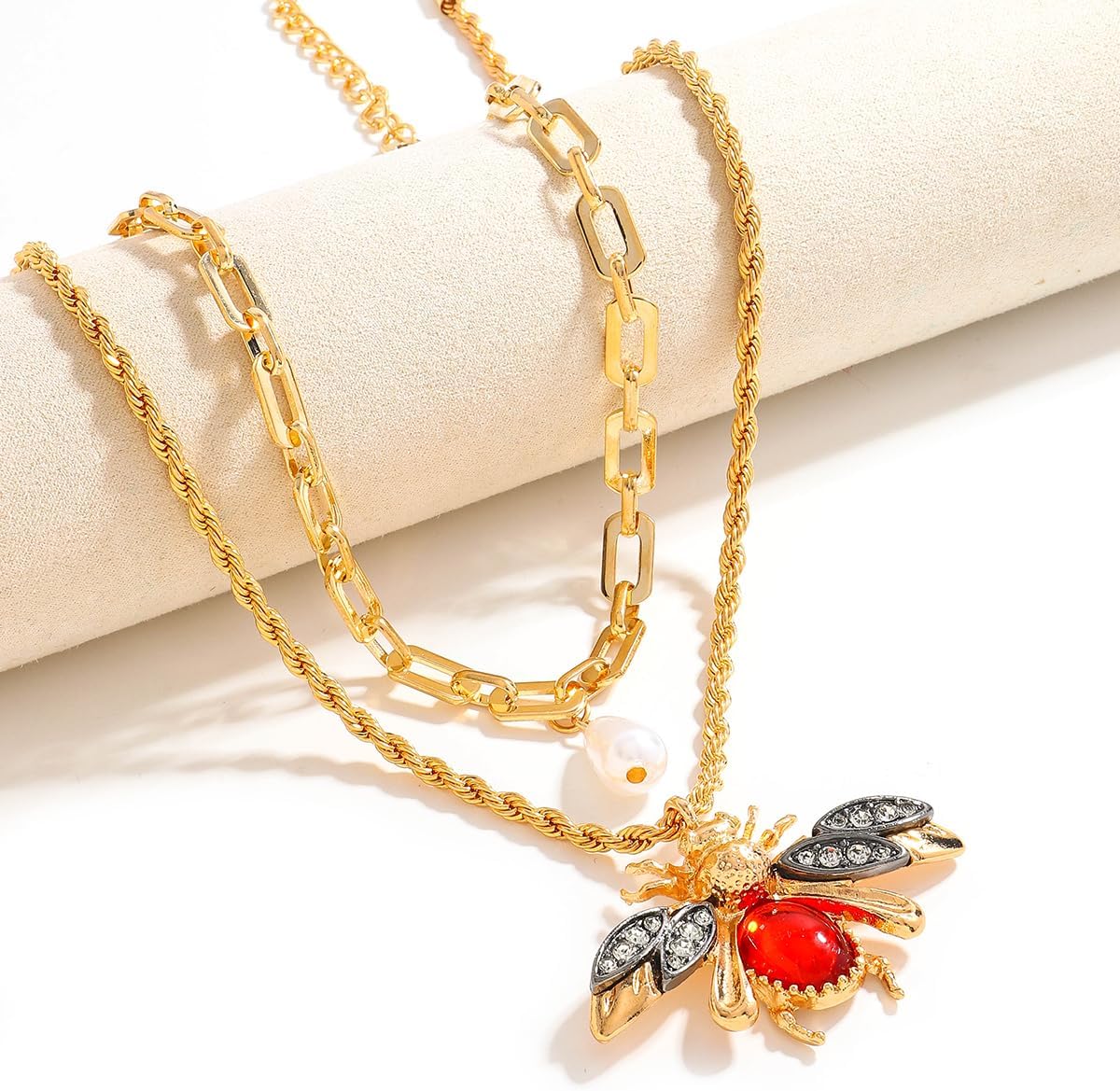 Gold Bee Pearl Pendant Chain Link Necklace for Women, Double Layered Chain Jewelry, Adjustable Length Elegant Necklace Gift for Birthday Wedding Anniversary - Image 2