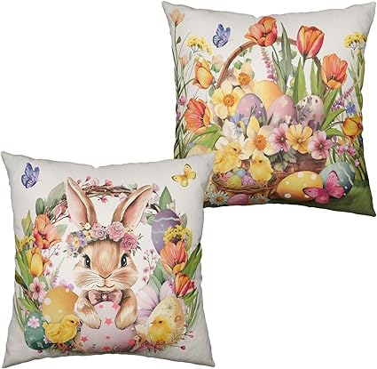 Easter Bunny Pillow Covers Set of 2 18x18 Spring Floral Farmhouse Decor