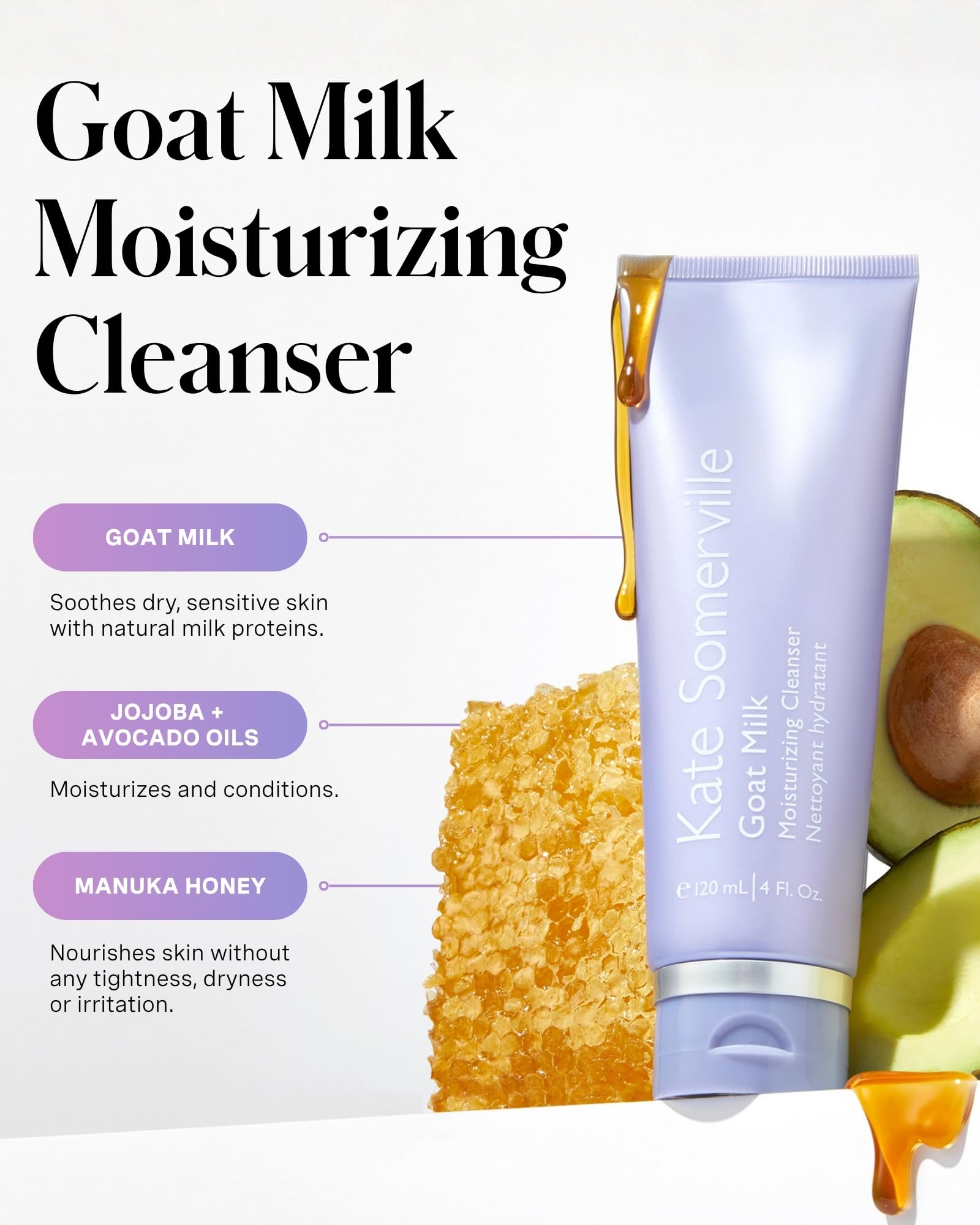 Kate Somerville Goat Milk Moisturizing Cleanser - Gentle Daily Face Wash – Creamy Hydrating Facial Treatment Suitable for Sensitive Skin, 4 Fl Oz