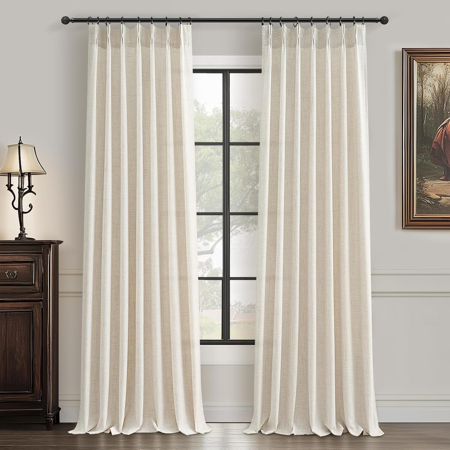 Semi Sheer Curtains 90 Inches Long for Bedroom Light Filtering Beige Birch Textured Linen Blend Pleat Curtains 7-1/2 ft Length Hooks Rings&Back Tab for Sliding Glass Doors 2 Panels Set
