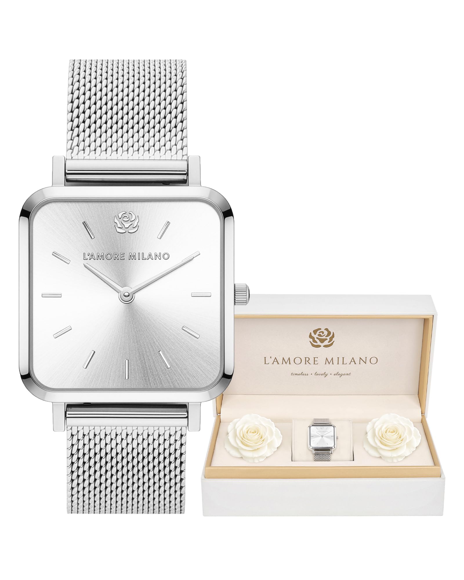 L'AMORE MILANO Damenuhr Rosenbox - Hochwertige Armbanduhr Edelstahl mit luxuriösem eckigem Design, wasserdicht 3 ATM - Edles Geschenk für Frauen, Freundin, Mutter - 28mm quadratische Damen Uhr Mesh