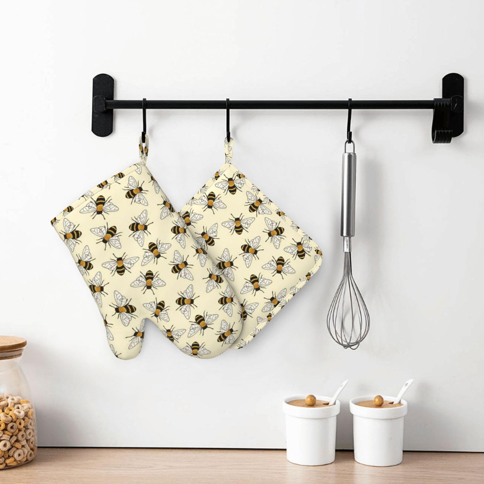 Happy Busy Bees - Juego de guantes de cocina de silicona, antideslizantes, resistentes al calor, para cocinar, asar a la parrilla, 4 manoplas de cocina
