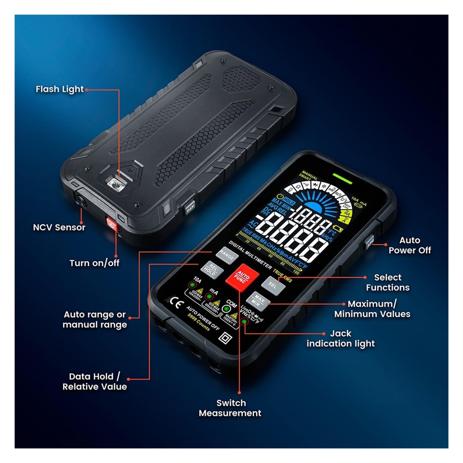 Inteligentny Multimetr 9999 Liczy TRUE Cyfrowy Smart Auto Zakres 1000V 10A Miernik Testowy Ohm Pojemność REL True AC DC DMM Szybko Dokładnie Łatwy Odczyt(Black)