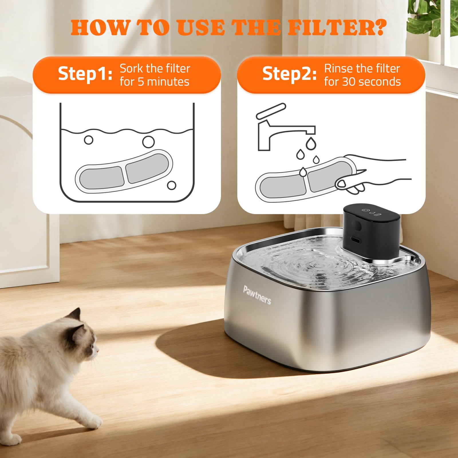 Pawtners Ersatzfilter für Pumpless-Katzen-Wasserbrunnen STR-PT-108A, mehrschichtige Filtration für Katzen-/Hundebrunnen, komplettes Set mit 8 Filtern und 8 Schwämmen, 8 Stück