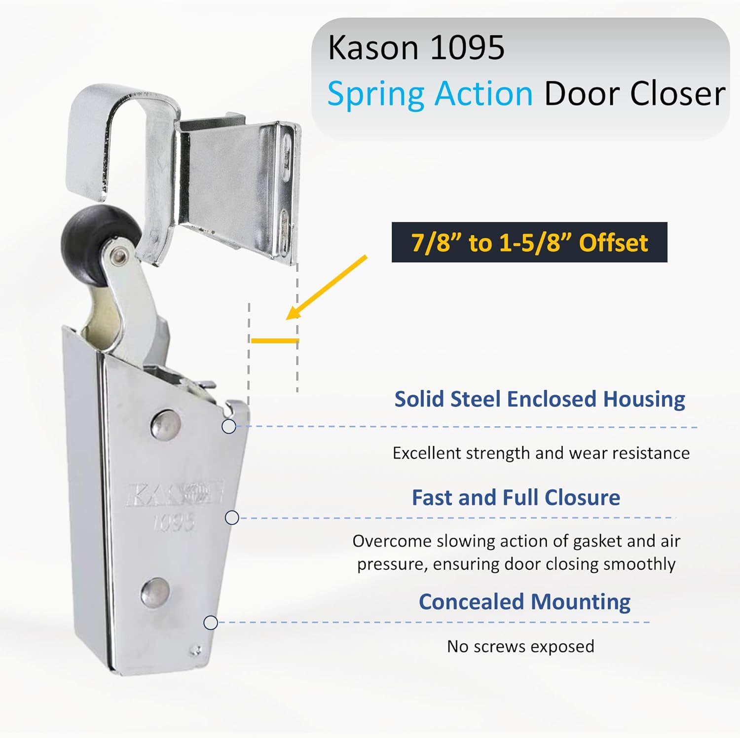 Kason 1095 Spring Action Door Closer for Heavy Walk-in Coolers/Freezers with Adjustable Wide Hook, 7/8” to 1-5/8" Offset