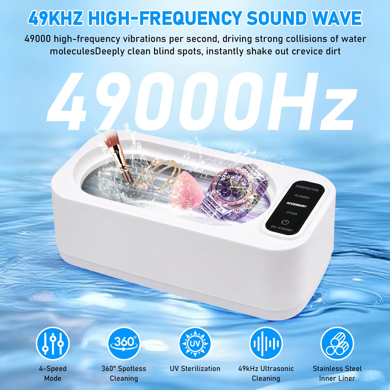 Ultrasoniczne urządzenie do czyszczenia okularów, 49000 Hz, 350 ml, ultradźwiękowe urządzenie do czyszczenia, 4 tryby, nadaje się do okularów, zegarków, biżuterii, protez dentystycznych