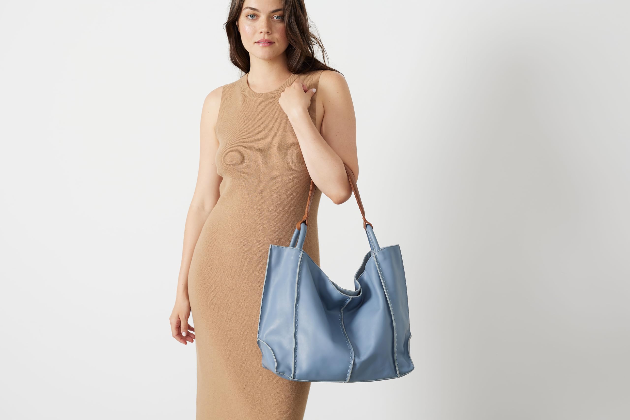 The Sak Los Feliz Large Tote Bag in Leather, Roomy, Unlined Purse with Single Shoulder Strap: Dusty Blue