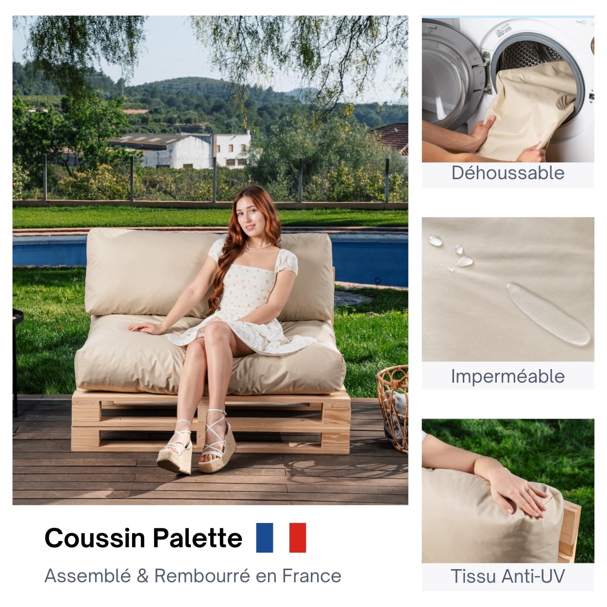 bananair Coussins Palettes Déhoussables, Tissu Imperméable et Anti-UV – Set 1 Assise 120x80 cm + 1 Dossier 120x40 cm (Beige)