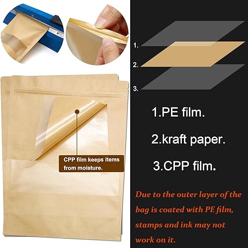 Miniatura 6 de Blisstime Bolsa de pie, paquete de 100 bolsas de papel kraft autosellables con ventana mate y bolsas resellables con muesca de desgarro para