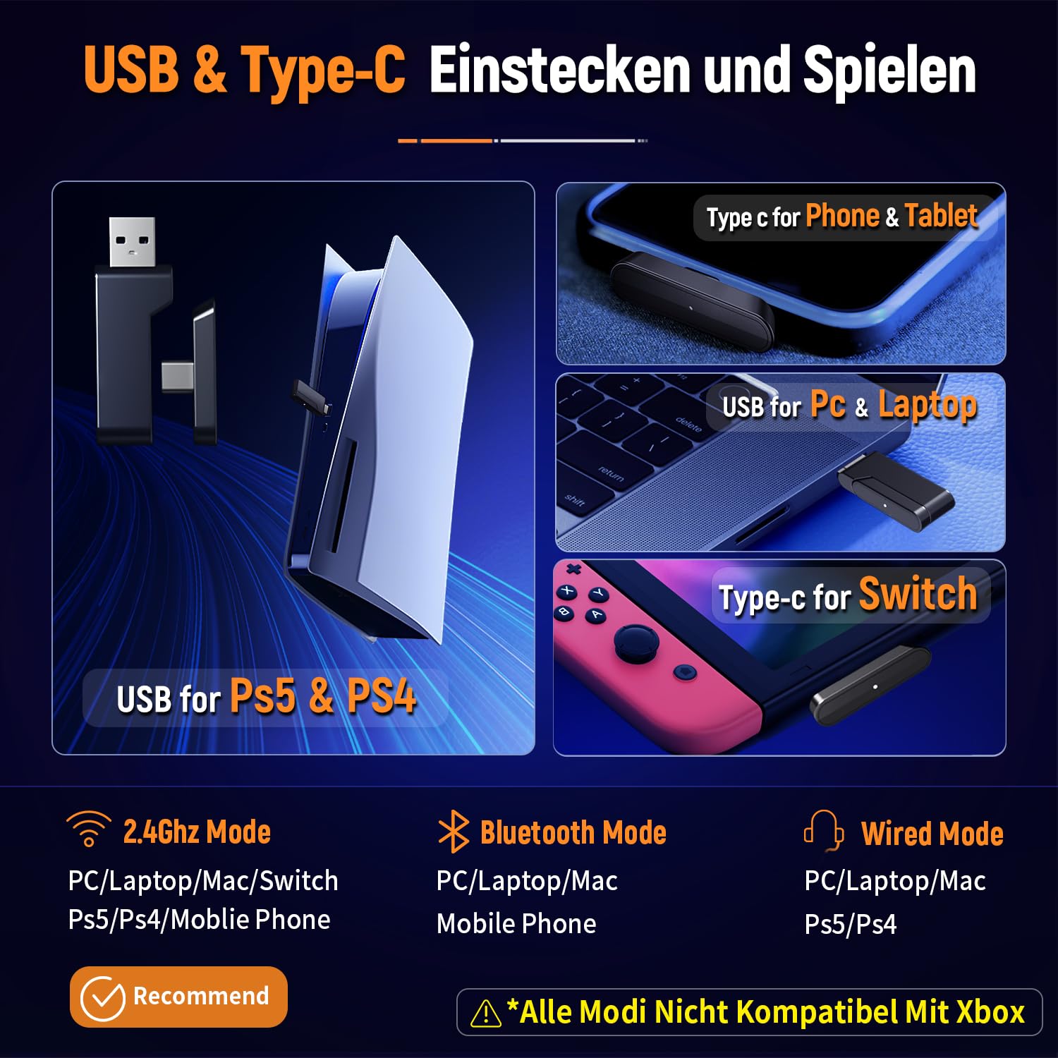 Ozeino OW810 Gaming Headset 40h Akku 2.4GHz+BT 7.1 Surround Sound Wireless Headset Mit Mikrofon für PS5/PS4/Switch Mac Kristallweiß