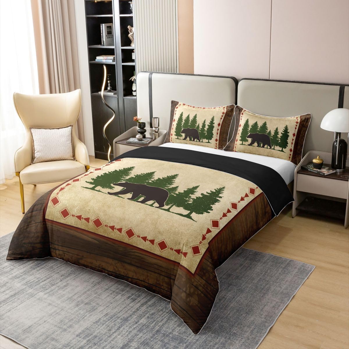 Cabin Bear 100% Cotton Duvet Cover Twin Rustic Bedding Bear Wildlife Comforter Cover Botanical Tree Pattern Quilt Cover Country Nature Wild Animals Bedspread Cover Farmhouse Bedroom Decor 2 Pcs