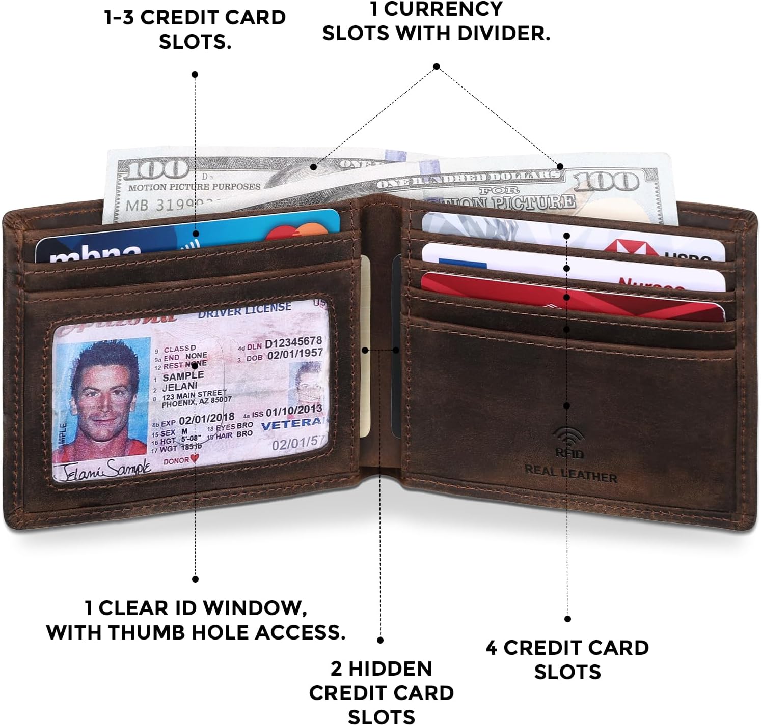 RUNBOX Genuine Leather Bifold Wallet for Men - RFID Blocking Slim Wallet with 9 Card Slots, 1 ID Window & Bill Compartment - Gift Box Packaging - Image 4