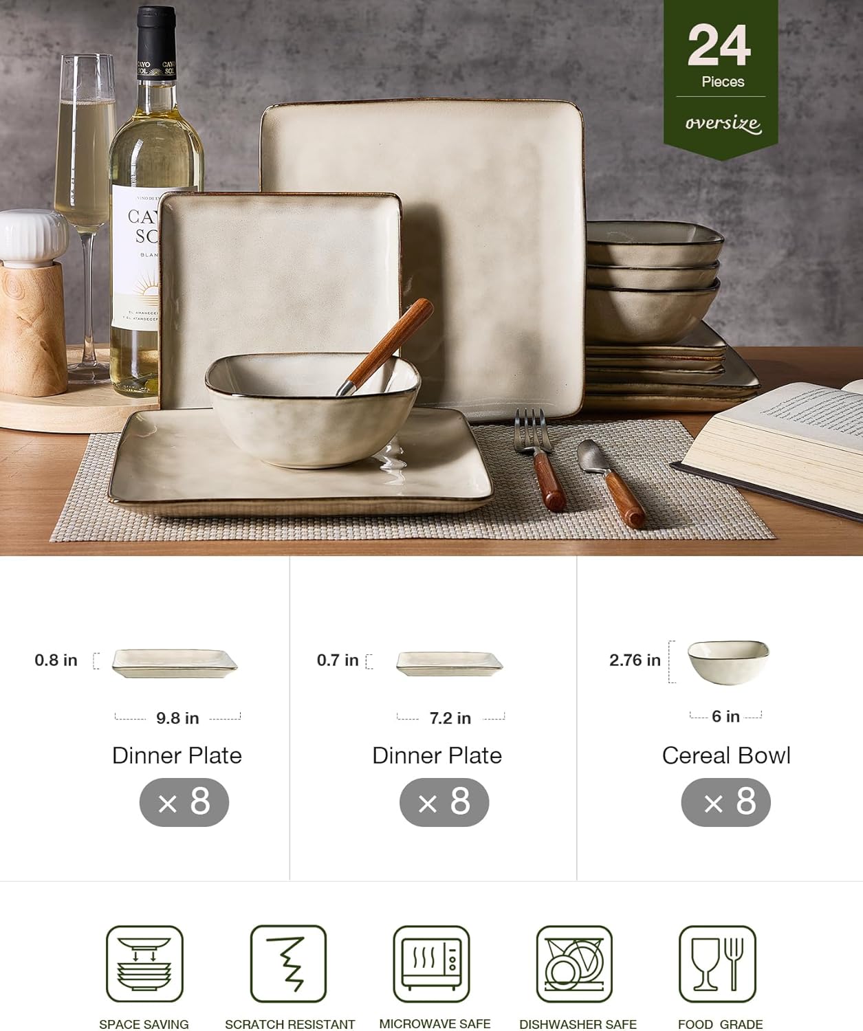 Famiware Dinnerware Sets for 8, Ocean Square 24-Piece Kitchen Plates and Bowls Sets, Microwave and Dishwasher Safe, Scratch Resistant, Light khaki