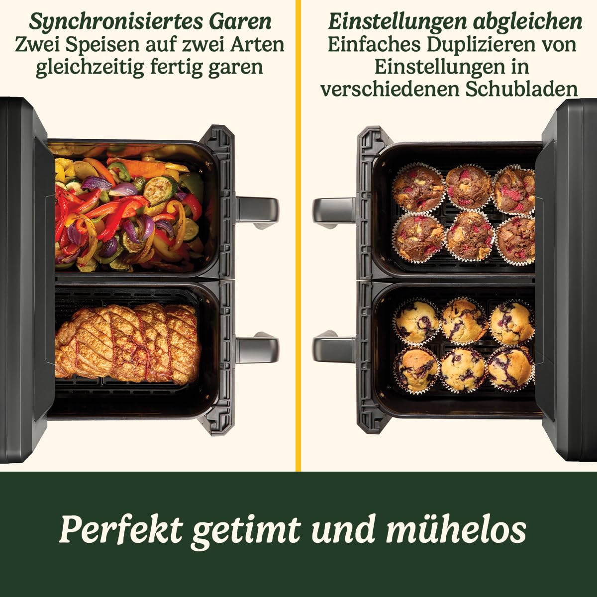 Cuisinart XXL 10.4L Zweizonen-Heißluftfritteuse| PFAS Frei Airfryer| Braten, Grillen, Backen, Dehydrieren und Warmhalten | 2 kammern| 2 x 5.2L - 8+ portionen| Spülmaschinenfeste Teile