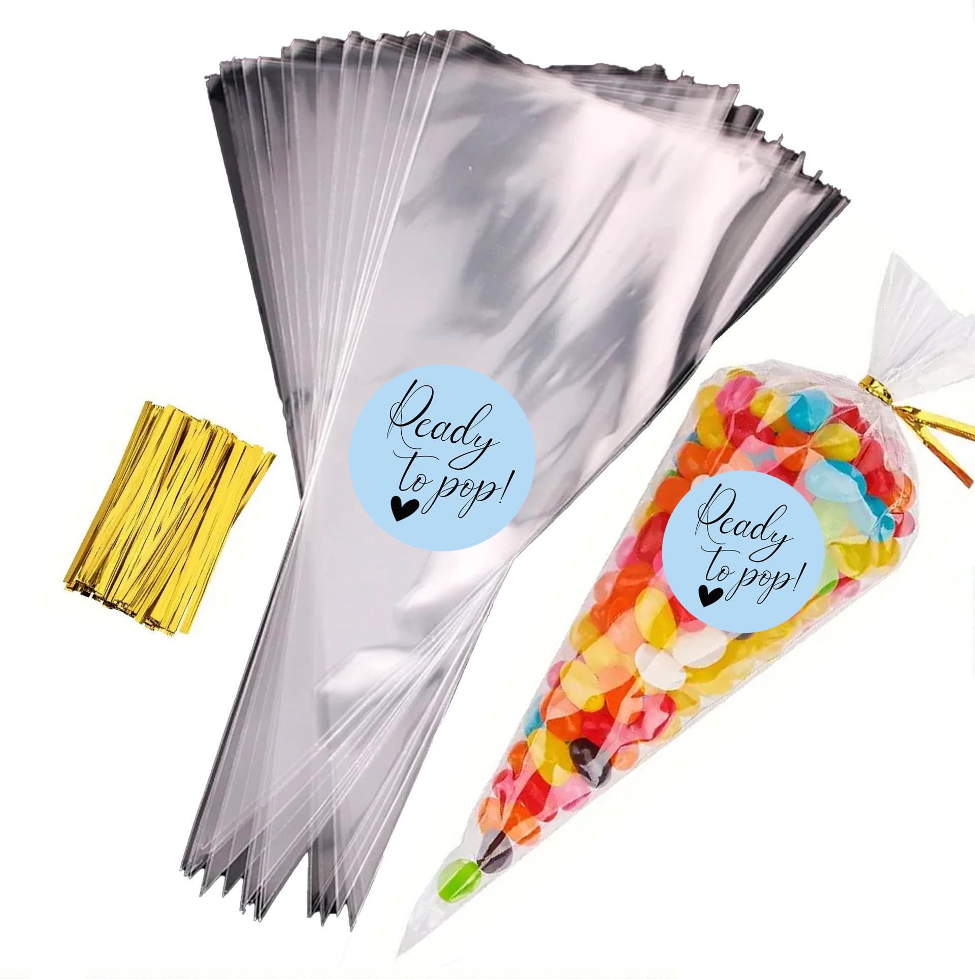 Sweet Cone Bags with Coloured Ties | Triangle Clear Cellophane Bags | Food Sweet Candy Popcorn Snacks | Brithday Baby Shower Fayres Events Festivals (Ready to Pop Blue, 20 Set)