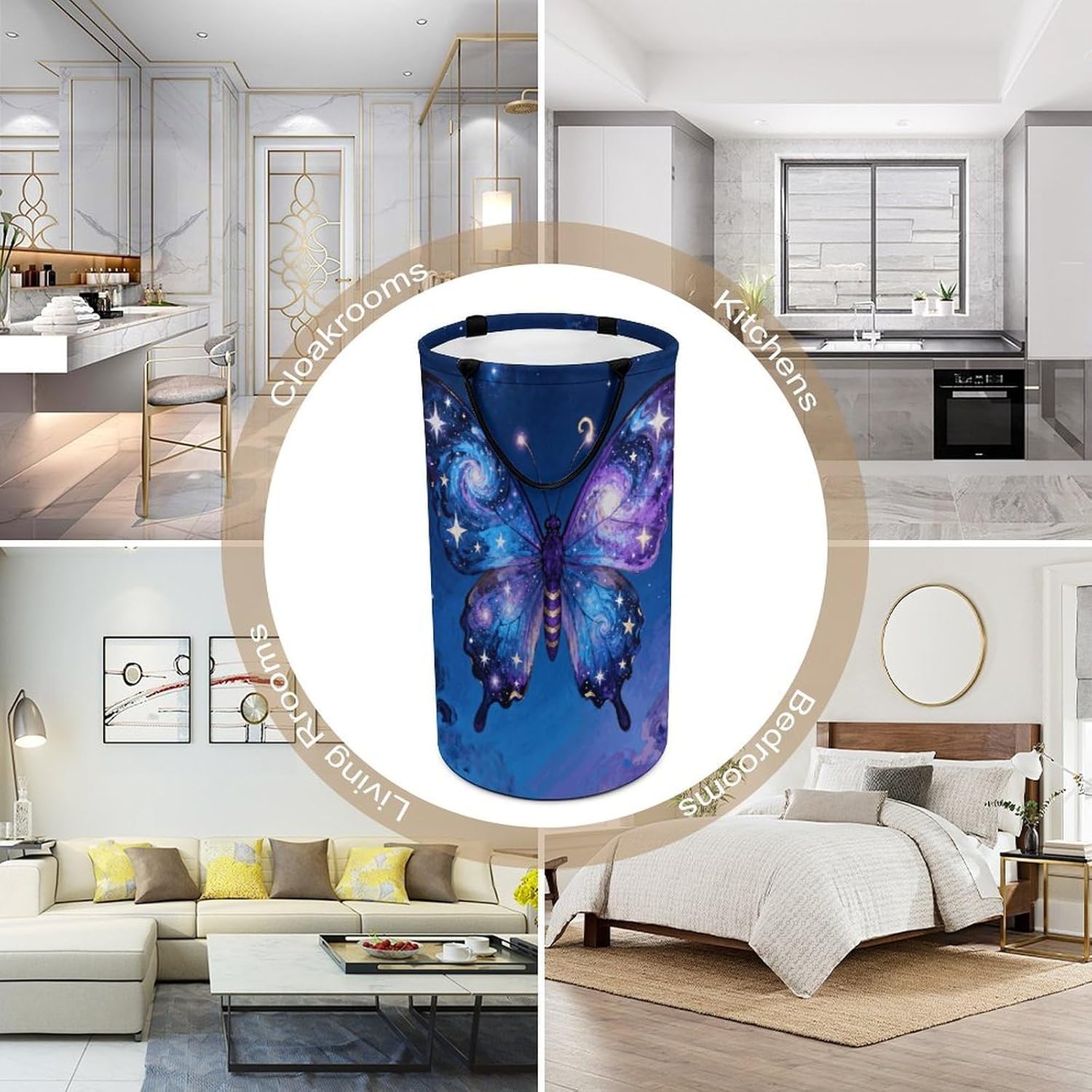 Galaxy Butterfly Laundry Hamper with Handles Waterproof Collapsible Laundry Basket Large Lightweight Round Dirty Clothes Hamper for Home Dorm Bathroom Decor