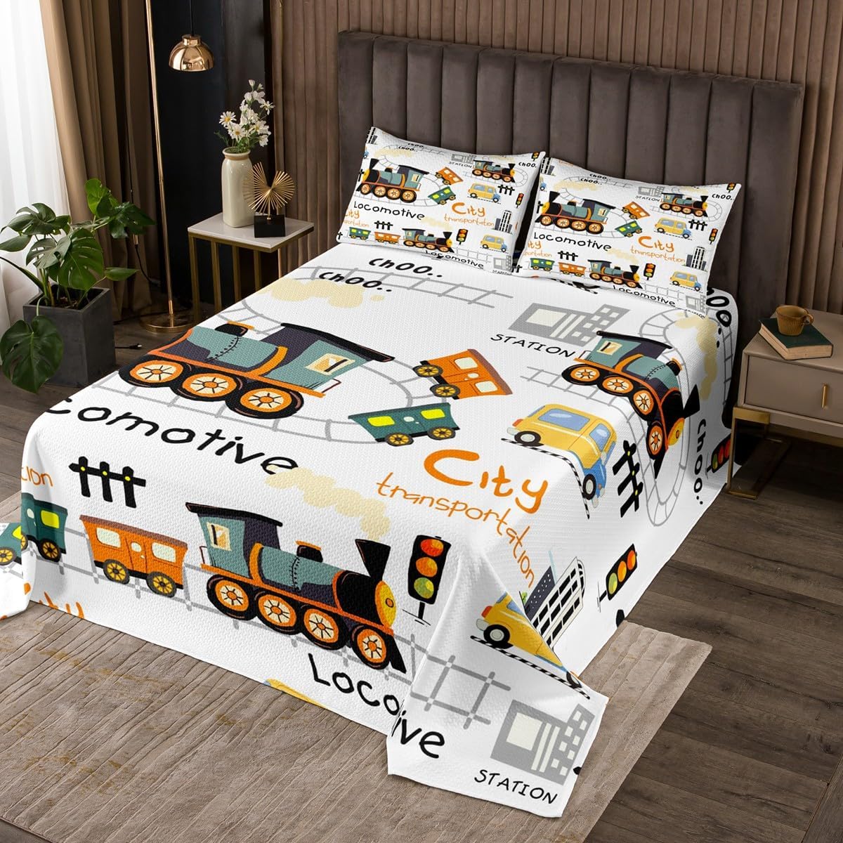 Blue Train Bedding Set Twin Size,Retro Train Bedspread 2Pcs for Kids Boys Teens Girls Room Decor,City Transportation Vehicles Comforter Set Cartoon Car Train Track Quilt Coverlet,1 Pillowcase