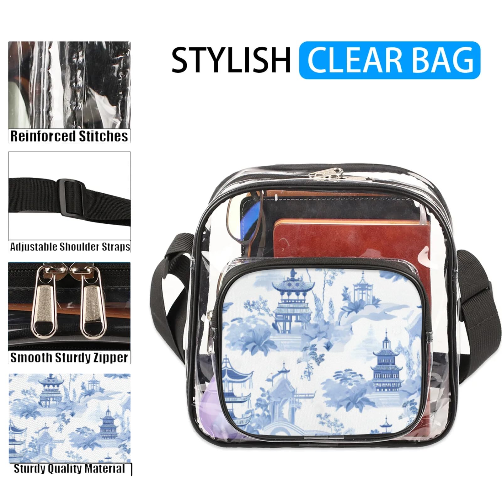 Clear Crossbody Bag Stadium Approved Ink Landscape Transparent Bag for Festivals, Sports Events, Concerts,Beach Bag for Women Men Clear Purse with Front Pocket Messenger Bag with Adjustable Strap